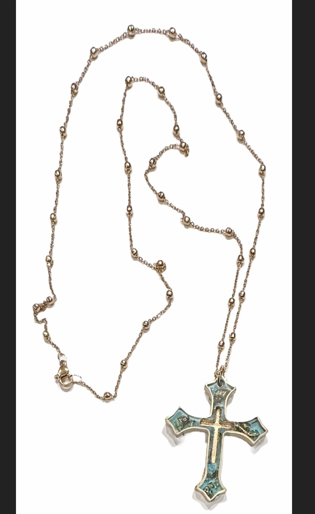 Necklace Aqua Gold Leaf Cross