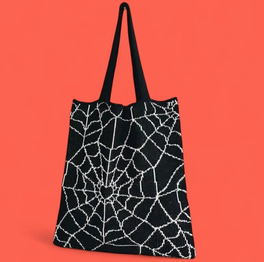 Tote Bag Knit Spiderweb Hearts Halloween