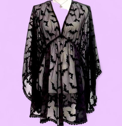 Bat Print Sheer Coverup Tunic Drape Sleeve