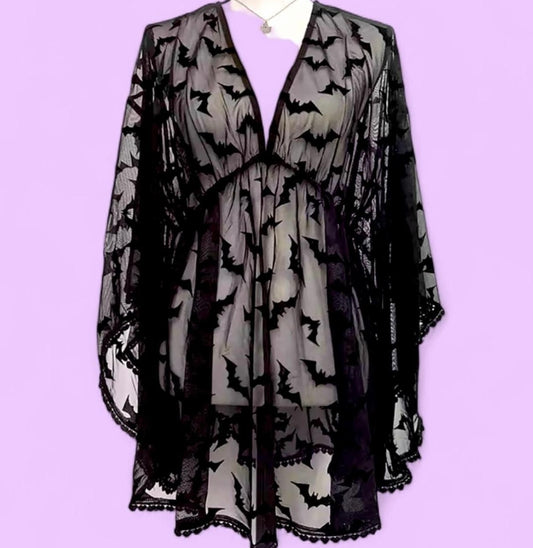 Bat Print Sheer Coverup Tunic Drape Sleeve