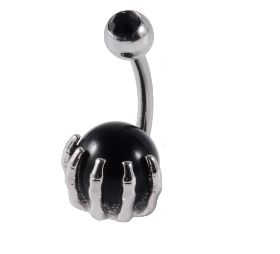 Body Jewelry Barbell Skeleton Hand Holding Obsidian Crystal Ball