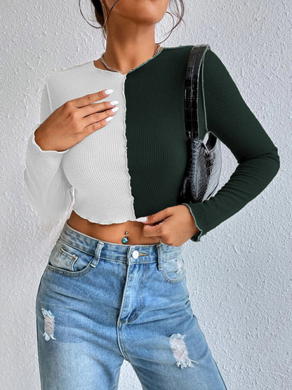 Women's Casual Colorblock Waffle Shorts Long Sleeve T-Shirt