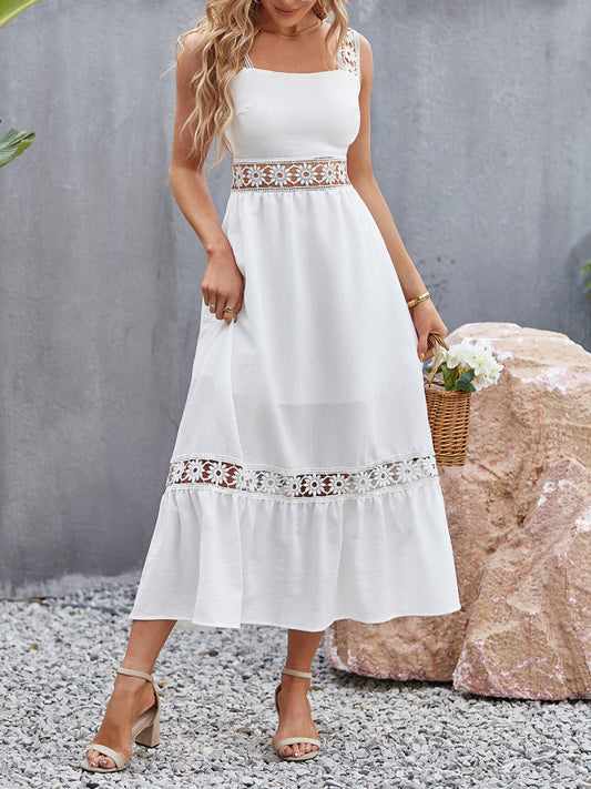 New style solid color hollow lace stitching square collar sleeveless suspender dress