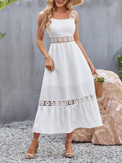 New style solid color hollow lace stitching square collar sleeveless suspender dress