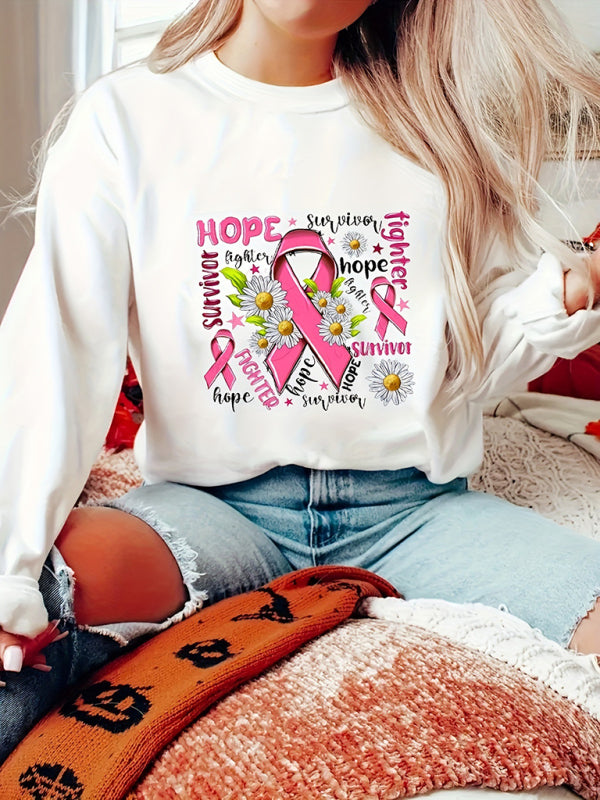 New pink ribbon printed casual loose long-sleeved sweatshirt