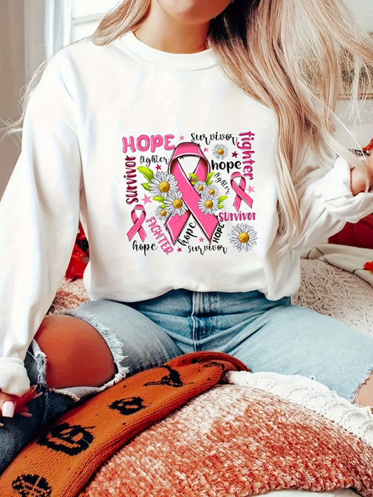 New pink ribbon printed casual loose long-sleeved sweatshirt