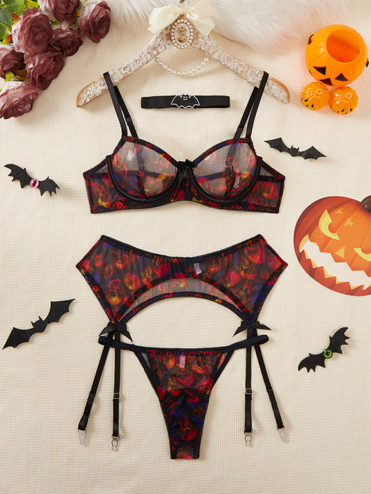 Halloween Erotic Lingerie Skull Printed Bat Garter Socks Set