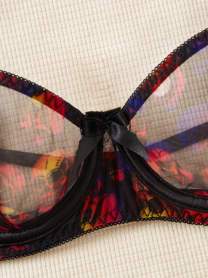 Halloween Erotic Lingerie Skull Printed Bat Garter Socks Set