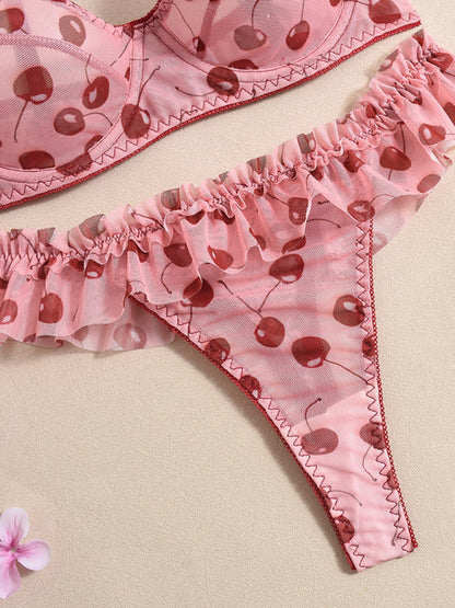 New Retro Ruffle Cherry Print  clothing set Bra & Panty Set