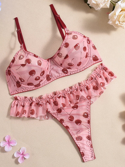 New Retro Ruffle Cherry Print  clothing set Bra & Panty Set